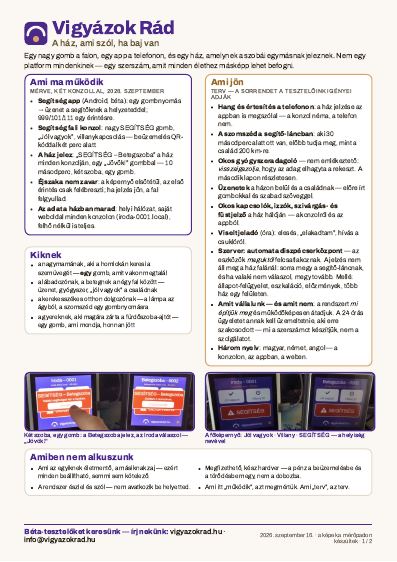 A prospektus első lapjának kicsinyített képe: a Vigyázok Rád fejléc alatt négy doboz — „Ami ma működik”, „Ami jön”, „Kiknek” és „Amiben nem alkuszunk” —, alattuk két fénykép a fali konzolokról.